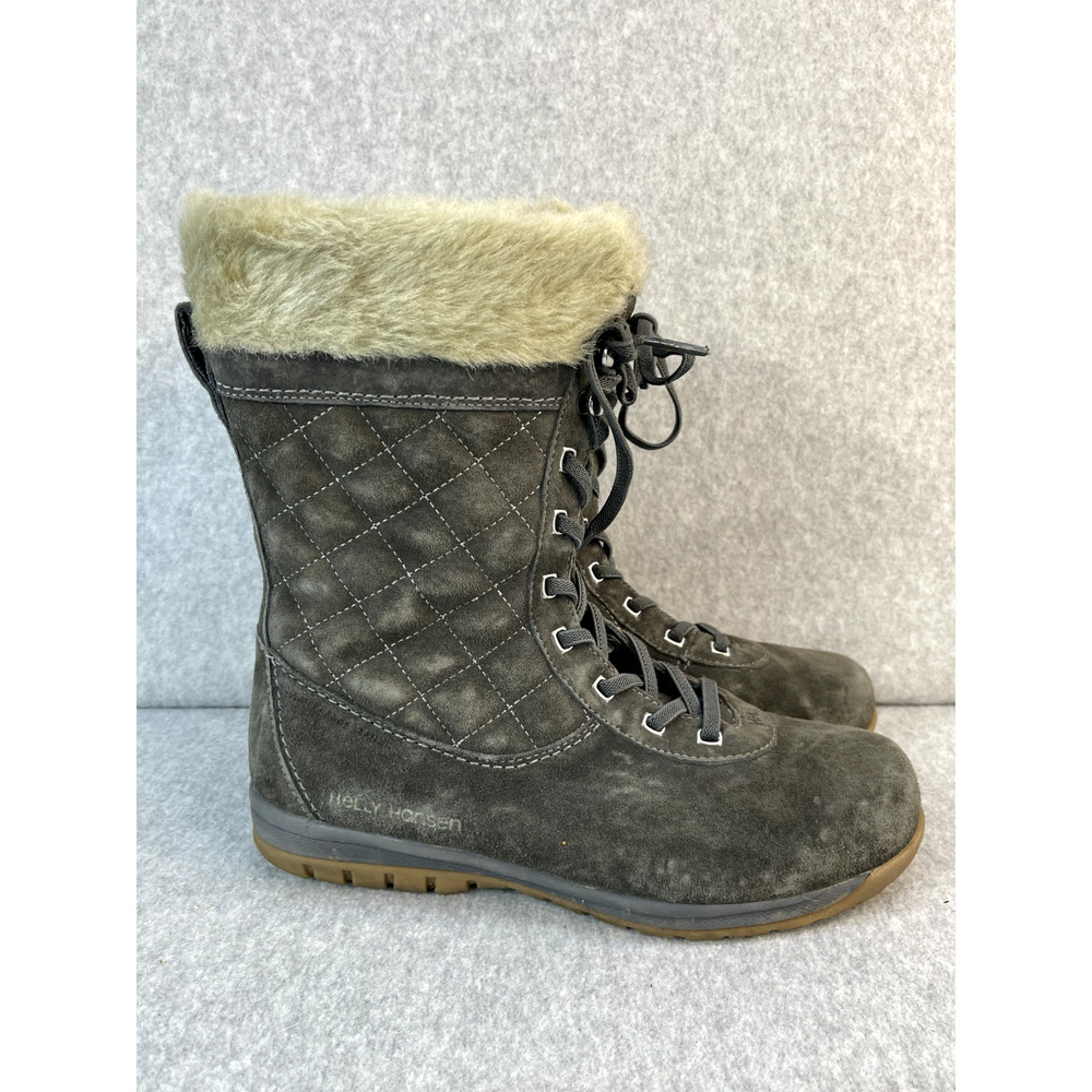 Helly Hansen Gray Suede Leather Quilted Faux Fur Lined Lace Up Boots Sz 7 View 3